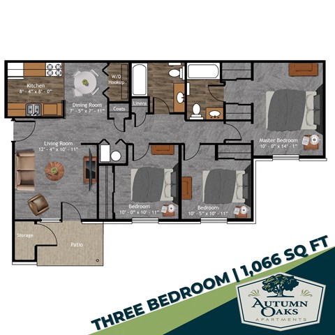 Floor plan for 3 beds, 2 baths, 1066 sqft